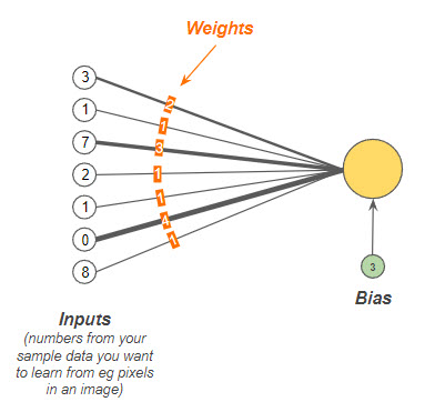 Single perceptron with multiple inputs, Weights and Biases
Figure 4.3.1.4 Single Perceptron with Multiple Inputs, Weights and Biases Jason Mayes, Google WebML 102, Google AI for JavaScript developers with Tensor Flow.js, Chapter 4: Writing Custom Models, Lesson 3.1: Perceptrons and Neurons