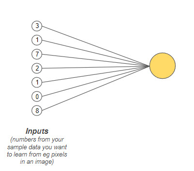 Single perceptron with multiple inputs. Figure 4.3.1.2. Single Perceptron with Multiple Inputs, Jason Mayes, Google WebML 102, Google AI for JavaScript developers with Tensor Flow.js, Chapter 4: Writing Custom Models, Lesson 3.1: Perceptrons and Neurons